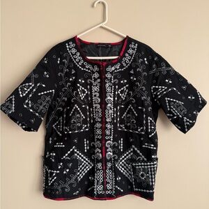 Notations Black Embroidered Sequined Embellished Bohemian Tribal Top Blouse XL